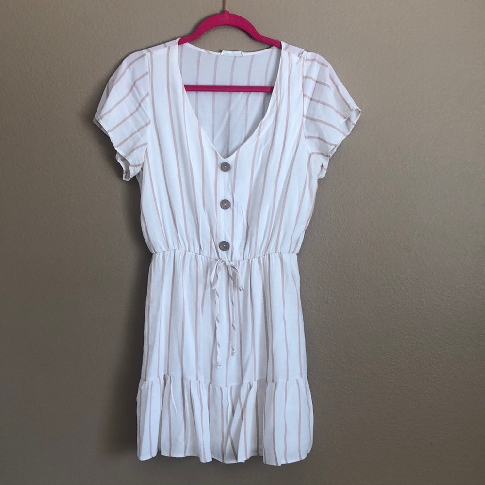 White and Tan Striped Ruffle Dress